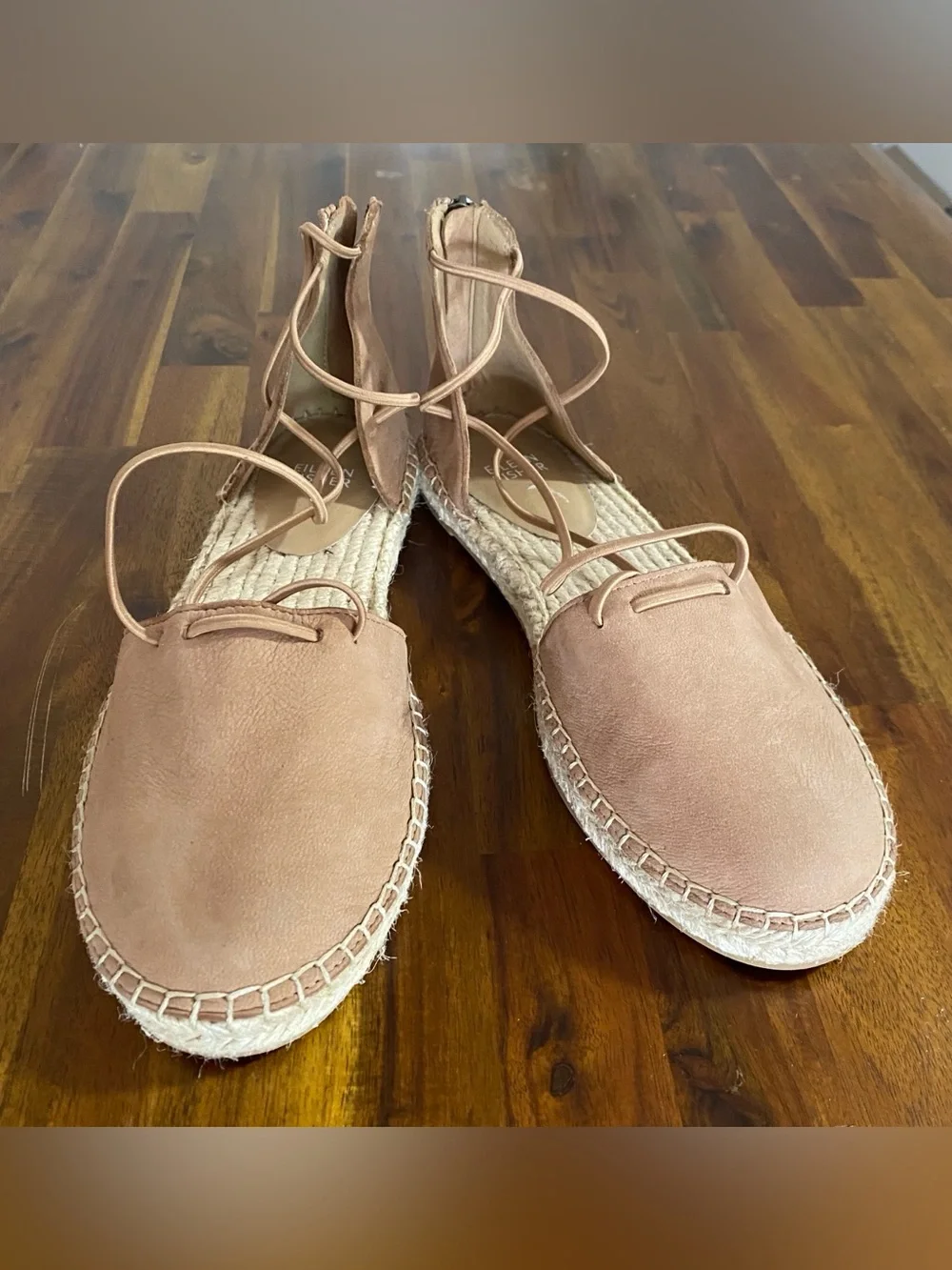 NWT Eilline Fisher Lace-Up Espadrille Flats in Blush Tan genuine leather.